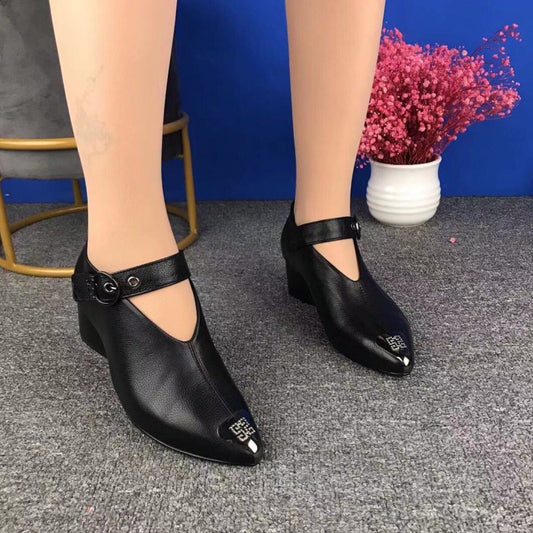 Women's leather pointed toe thick heels