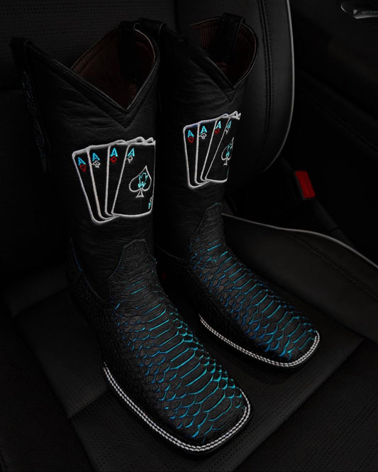 Men's Matte Blue Python Cowboy Boots - Square Toe