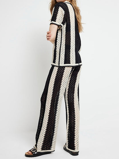 Black Stripe Crochet Polo Top & Pants